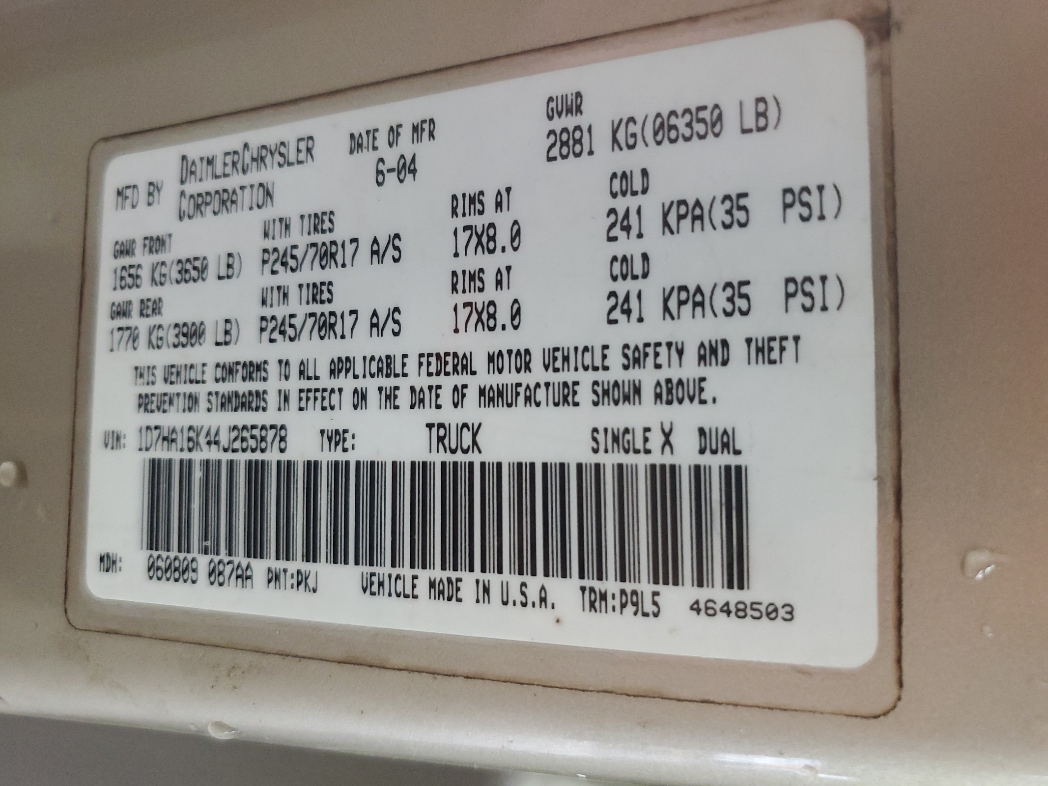 1D7HA16K44J265878 2004 Dodge Ram 1500 St