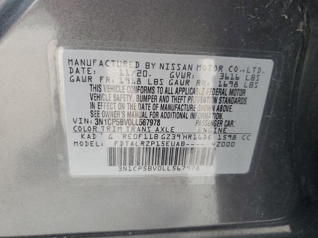 2020 Nissan Kicks S VIN: 3N1CP5BV0LL567978 Lot: 62080284