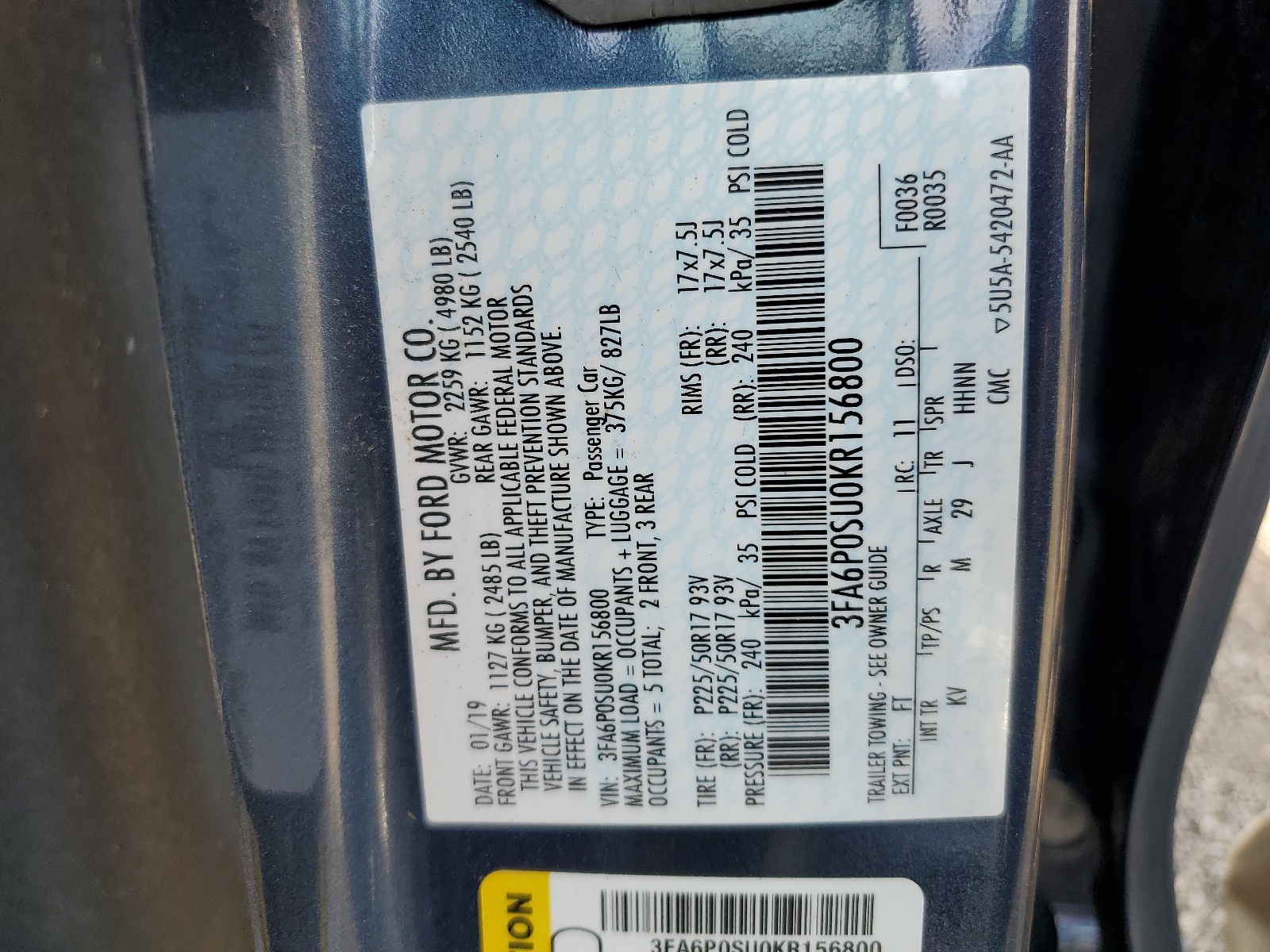 3FA6P0SU0KR156800 2019 Ford Fusion Titanium