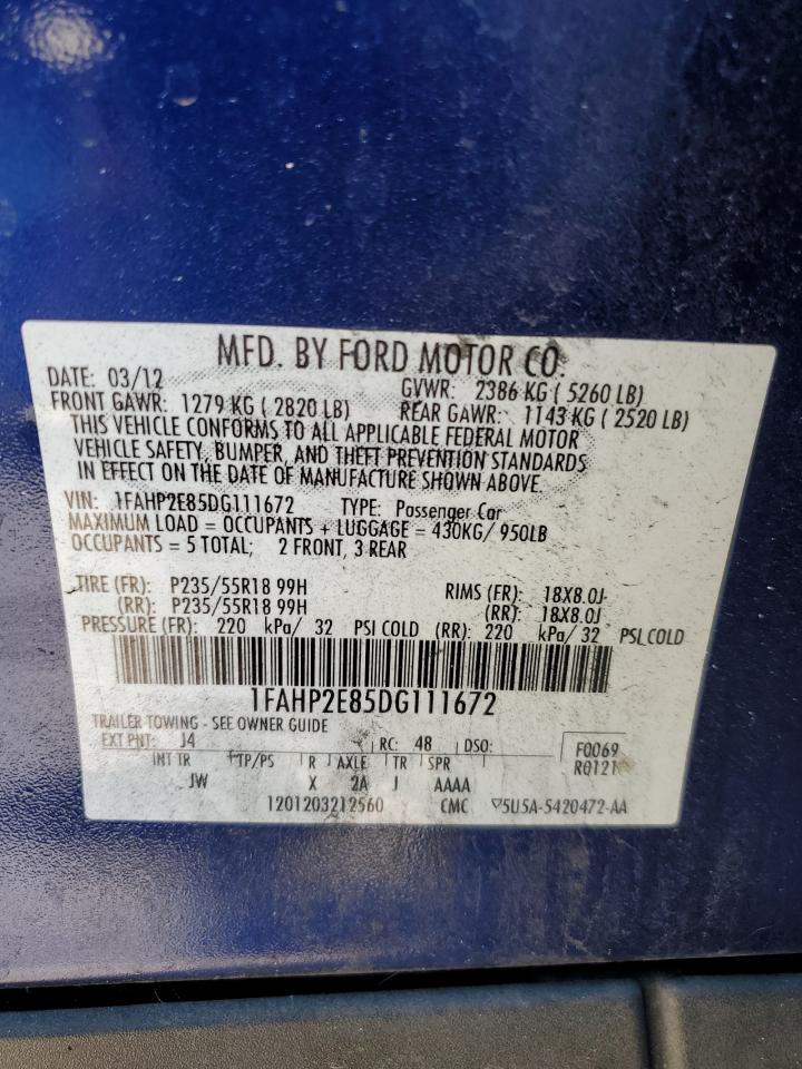 2013 Ford Taurus Sel VIN: 1FAHP2E85DG111672 Lot: 61814674