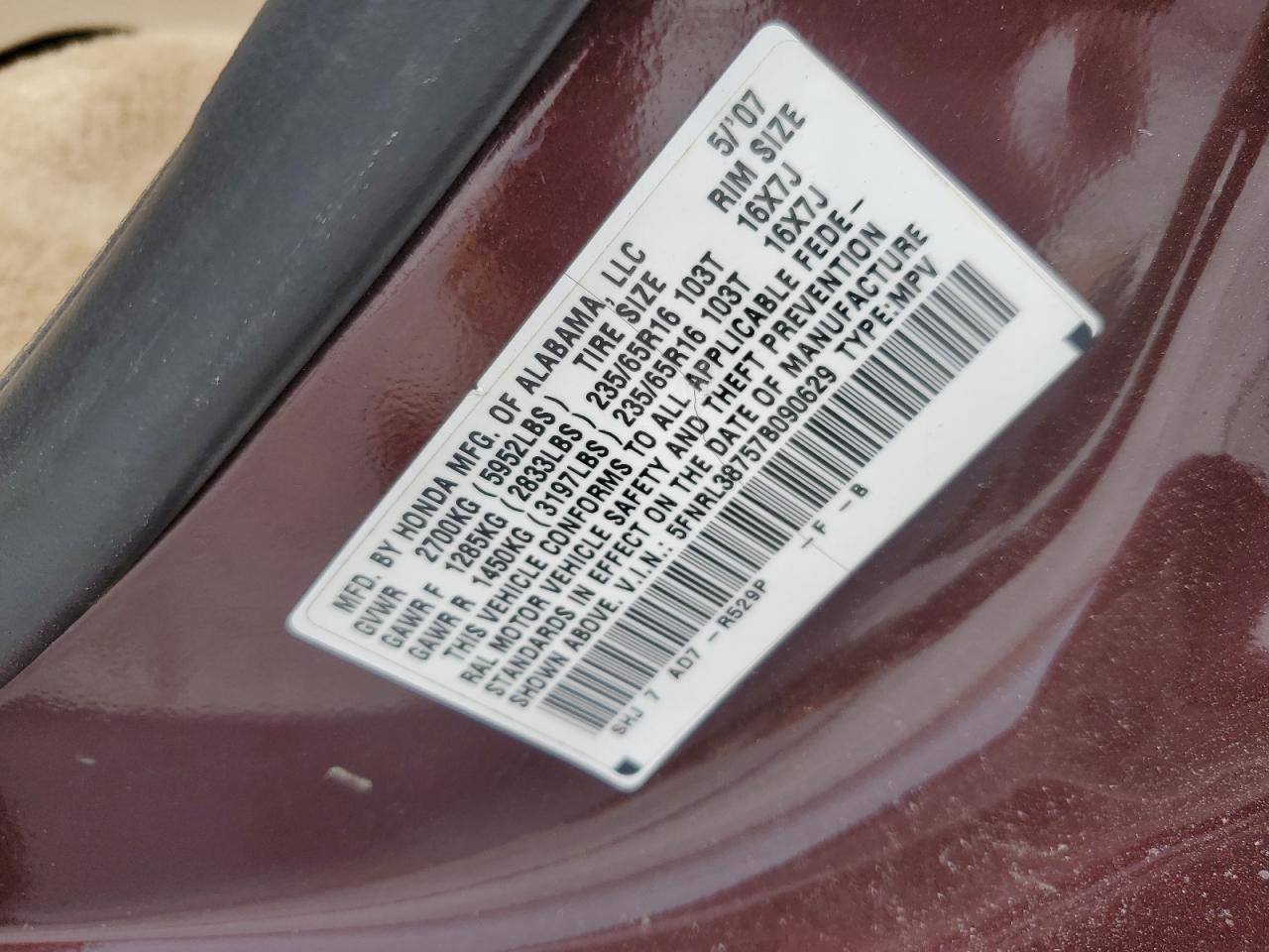 2007 Honda Odyssey Exl VIN: 5FNRL38757B090629 Lot: 62525854