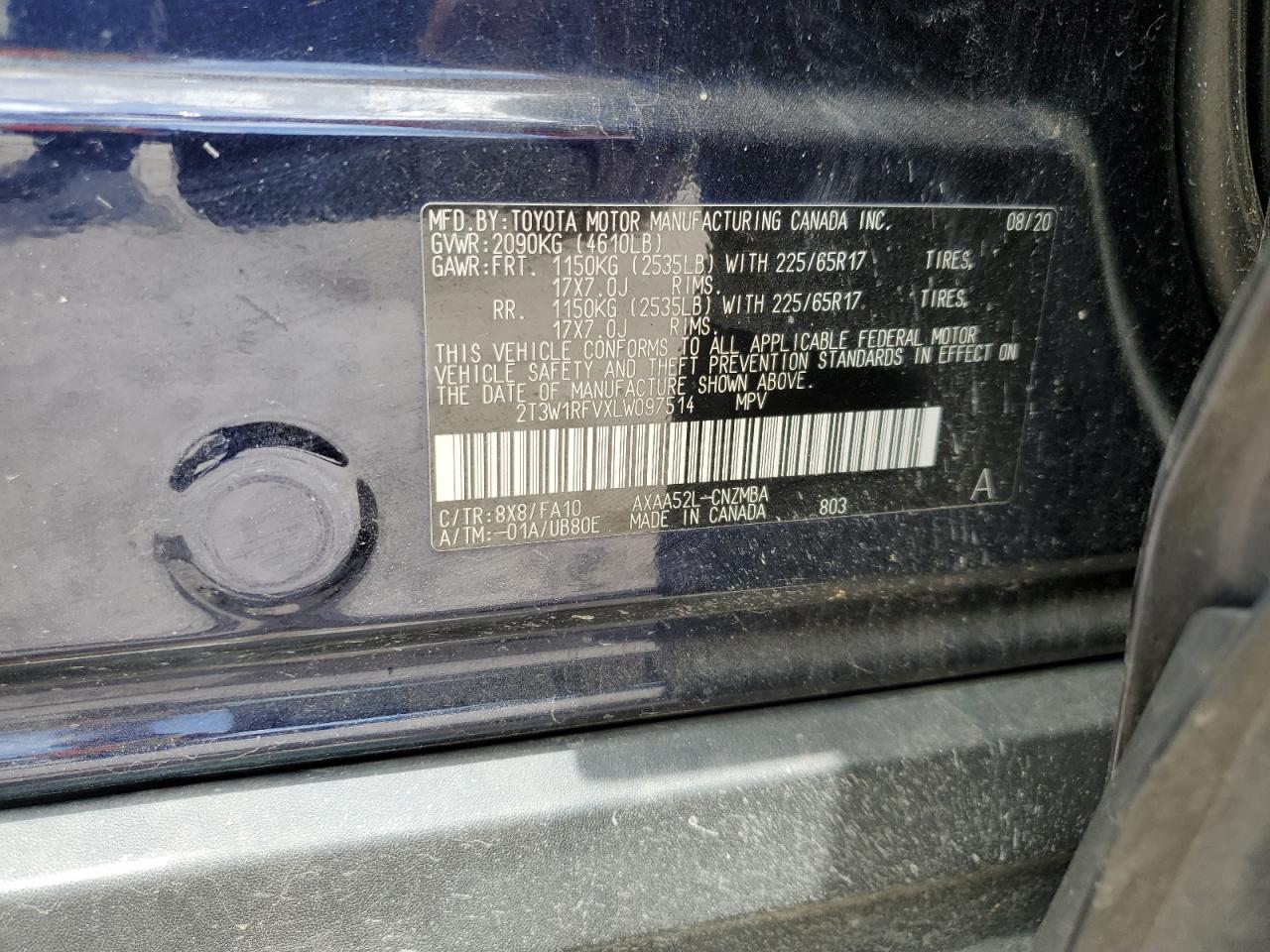 2020 Toyota Rav4 Xle VIN: 2T3W1RFVXLW097514 Lot: 61812034