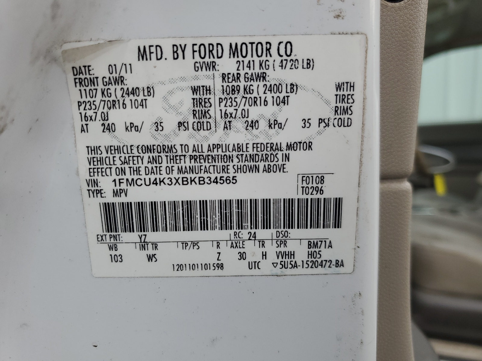 1FMCU4K3XBKB34565 2011 Ford Escape Hybrid