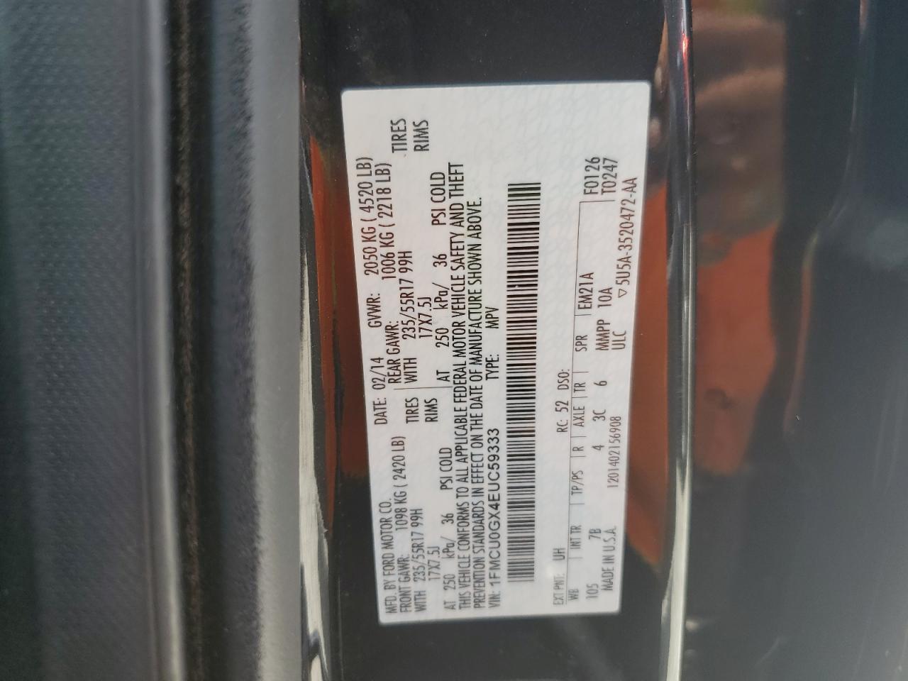 2014 Ford Escape Se VIN: 1FMCU0GX4EUC59333 Lot: 65405444