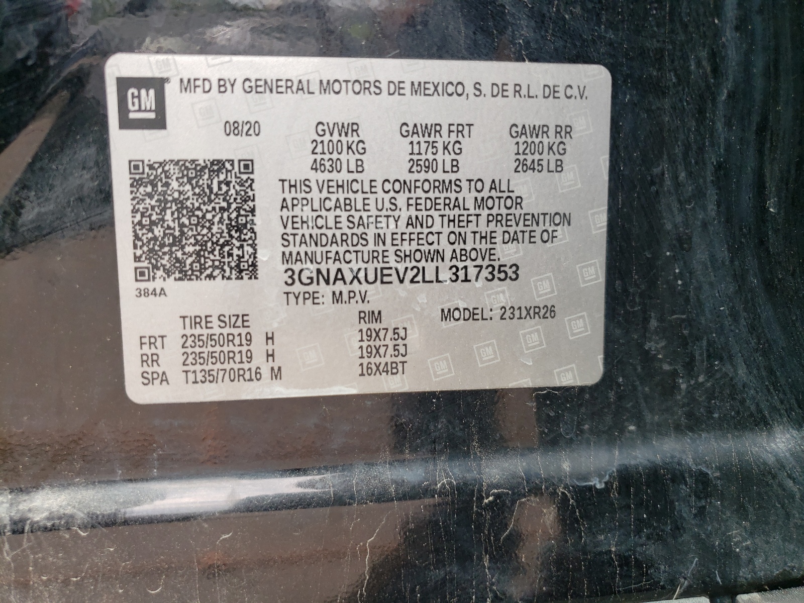 3GNAXUEV2LL317353 2020 Chevrolet Equinox Lt