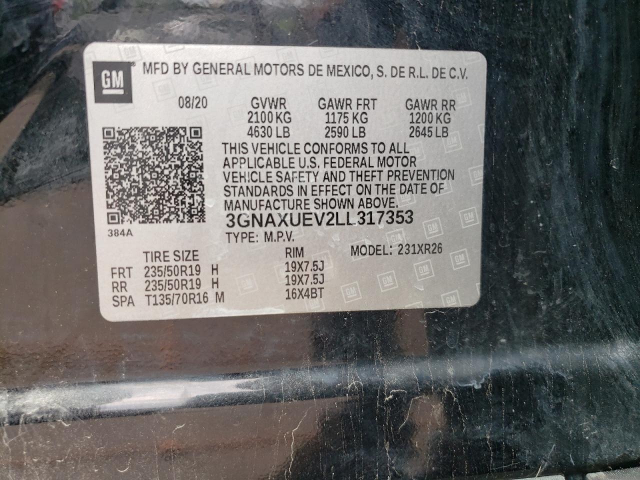 2020 Chevrolet Equinox Lt VIN: 3GNAXUEV2LL317353 Lot: 63194624