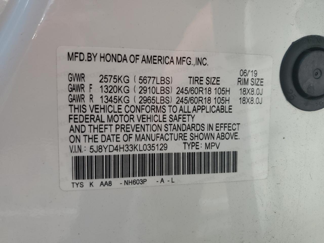 2019 Acura Mdx VIN: 5J8YD4H33KL035129 Lot: 64624904