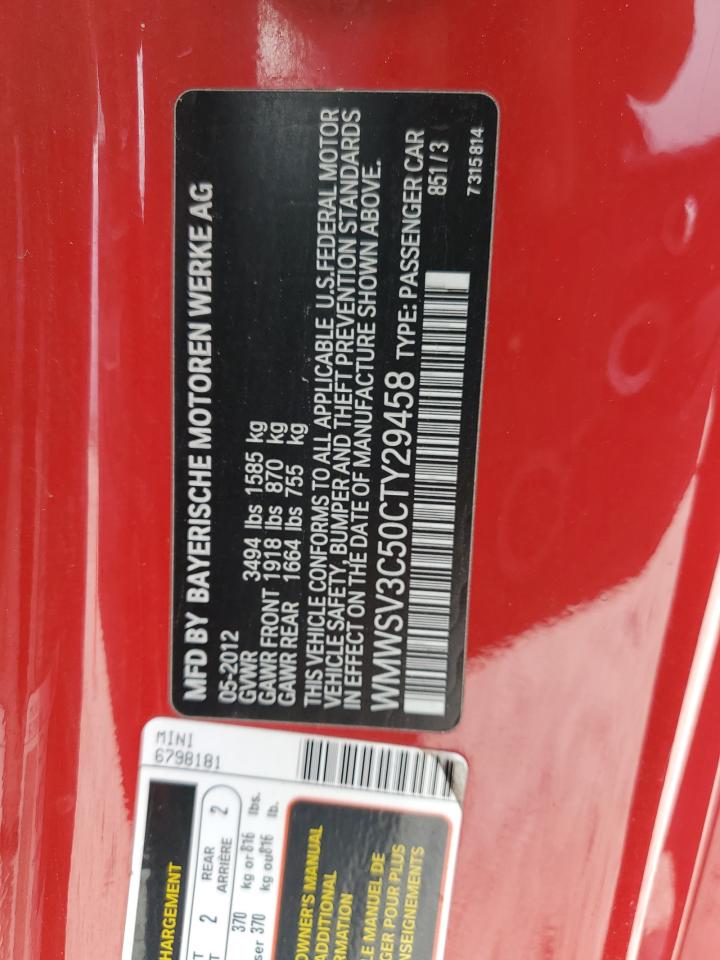 2012 Mini Cooper S VIN: WMWSV3C50CTY29458 Lot: 62394614