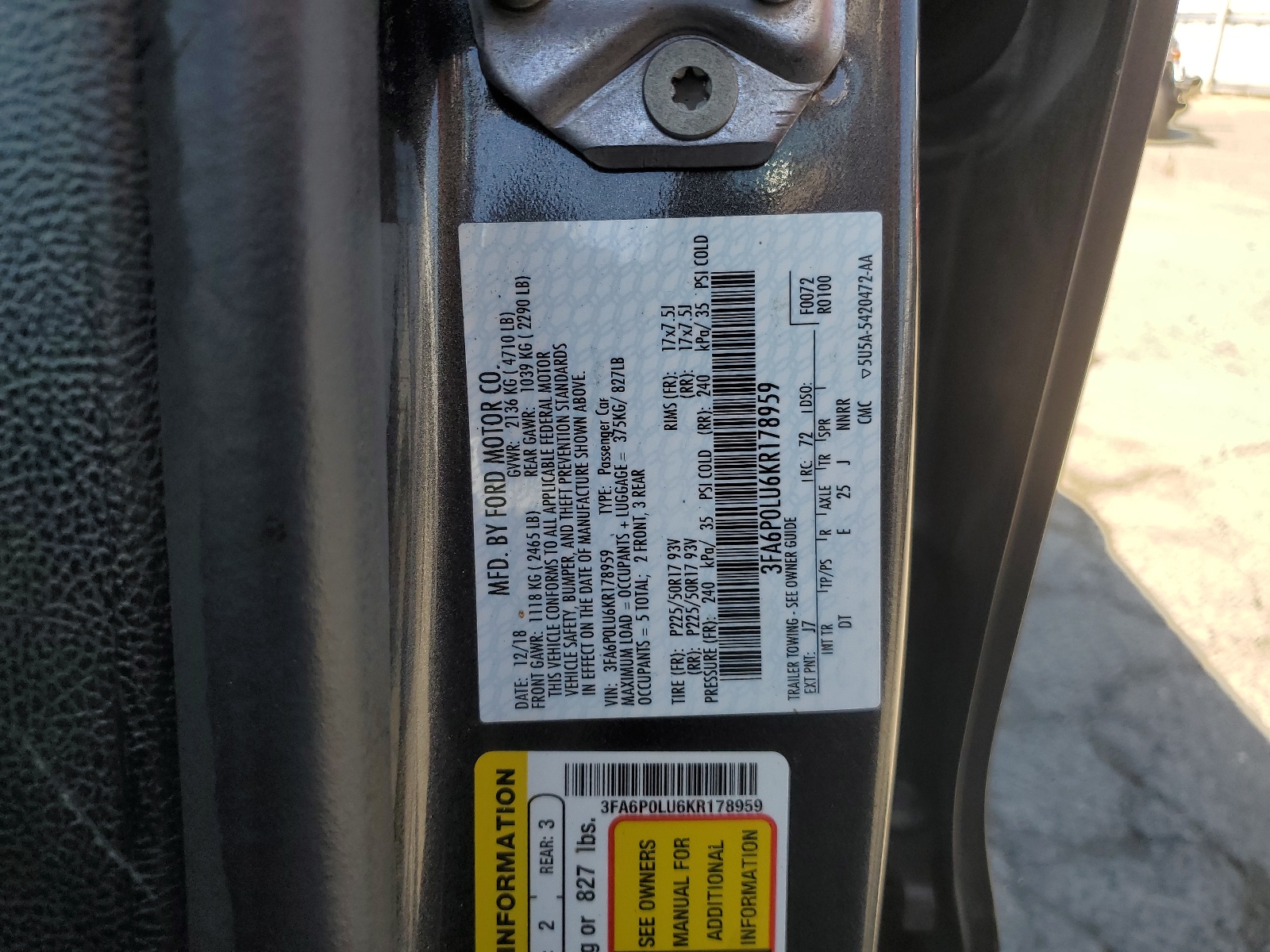 3FA6P0LU6KR178959 2019 Ford Fusion Se