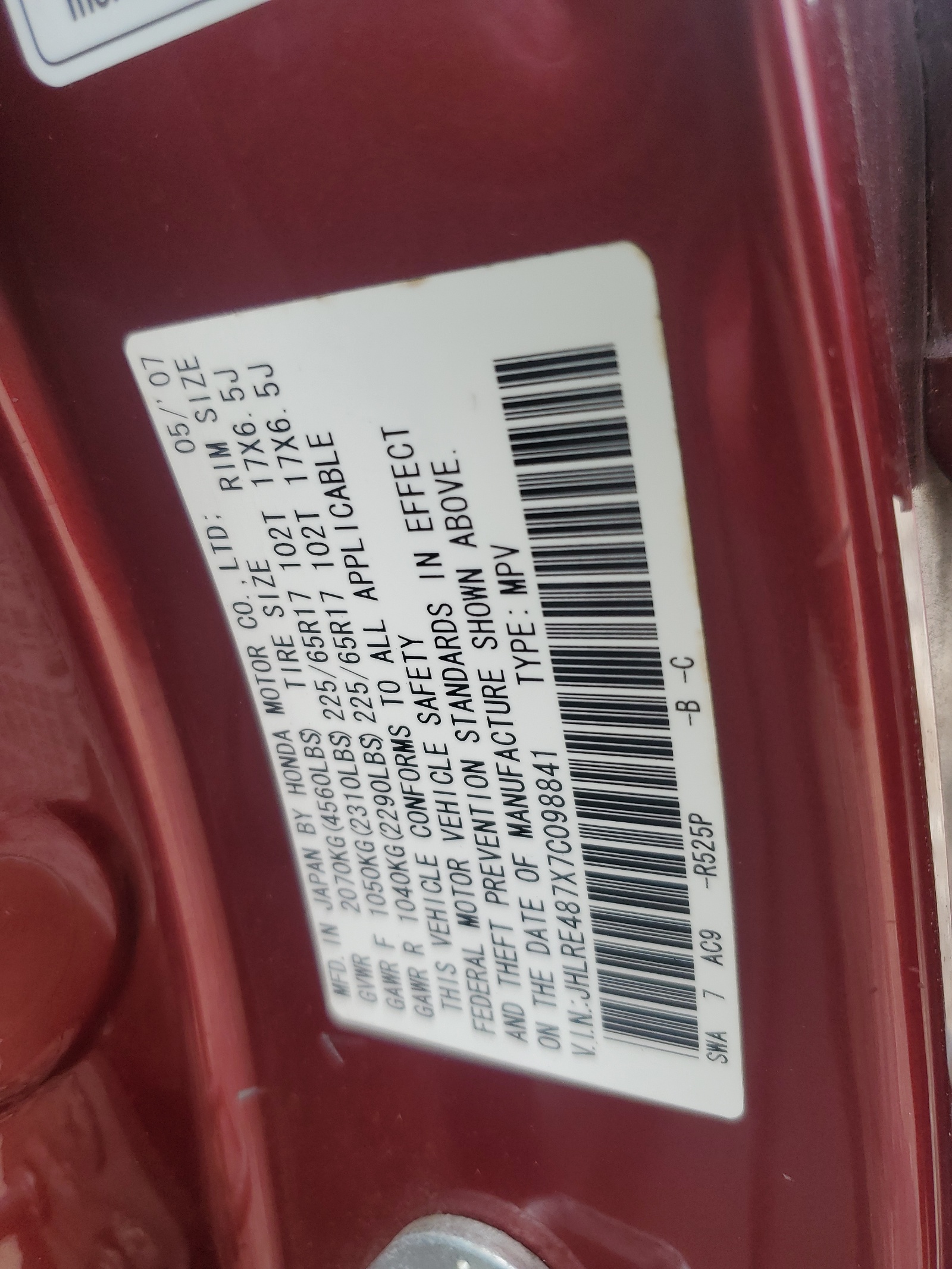 JHLRE487X7C098841 2007 Honda Cr-V Exl