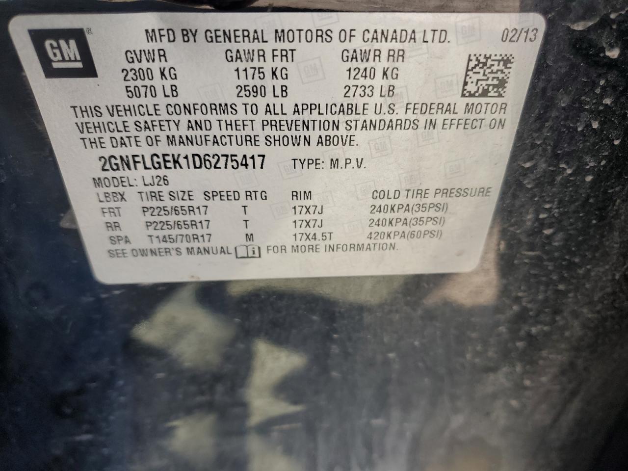 2GNFLGEK1D6275417 2013 Chevrolet Equinox Ltz