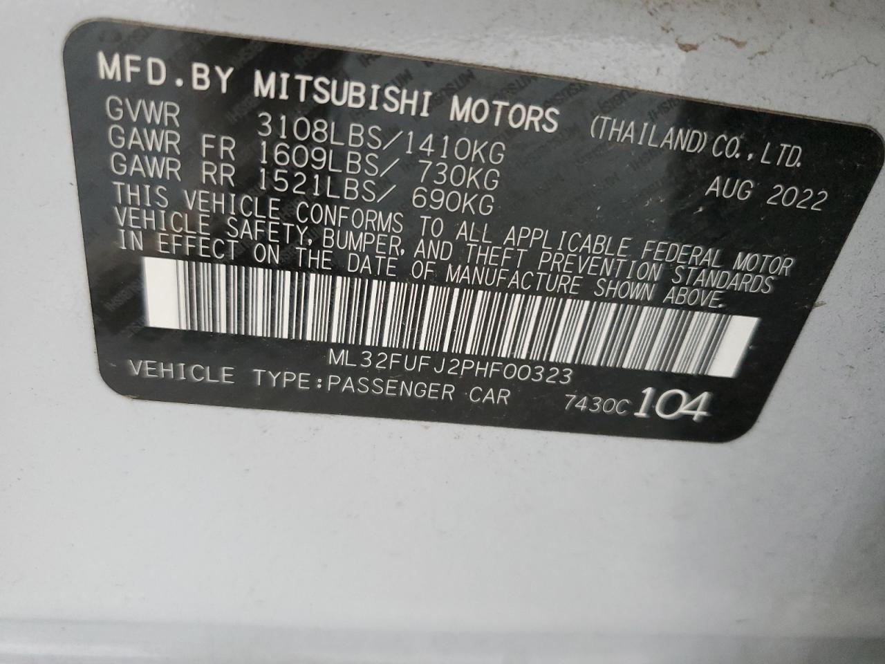 2023 Mitsubishi Mirage G4 Es VIN: ML32FUFJ2PHF00323 Lot: 63655664