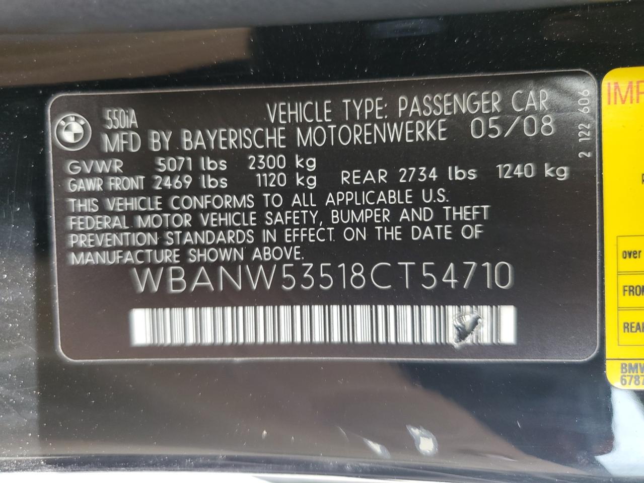 2008 BMW 550 I VIN: WBANW53518CT54710 Lot: 65049254