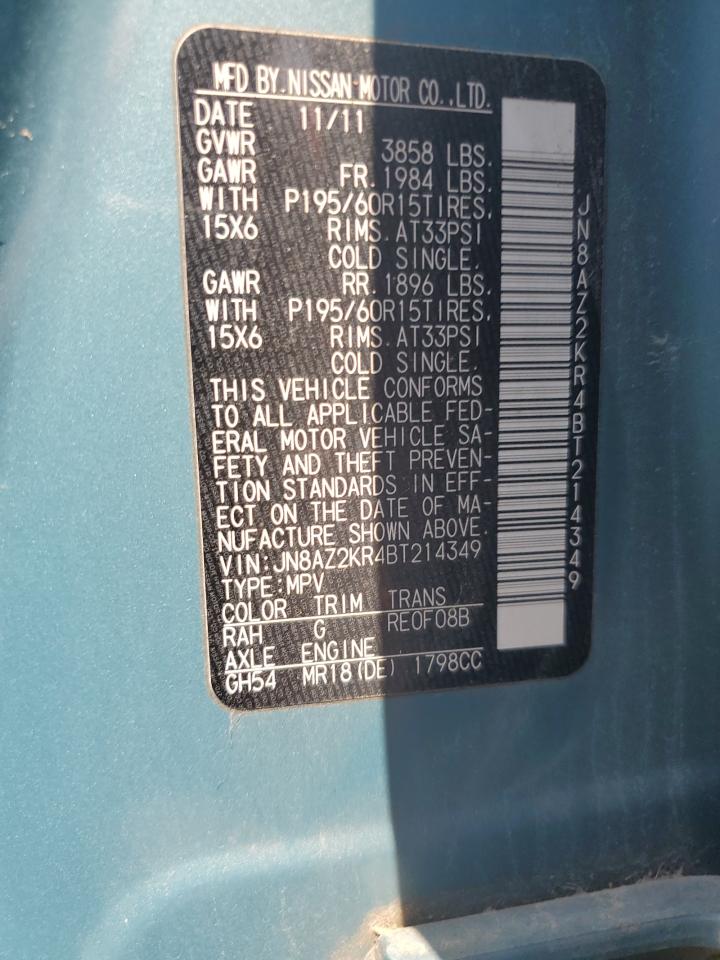 2011 Nissan Cube Base VIN: JN8AZ2KR4BT214349 Lot: 62658894