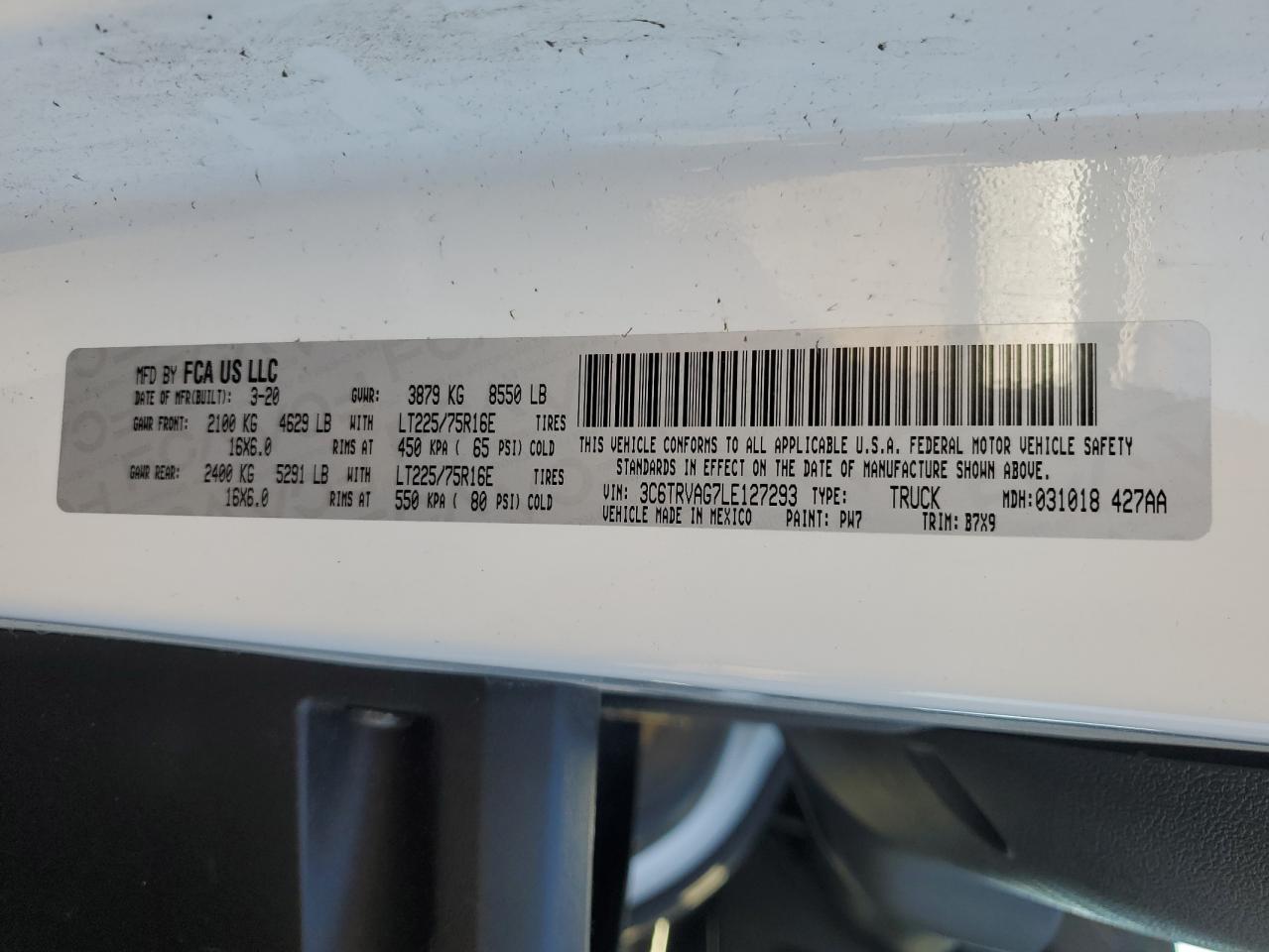 2020 Ram Promaster 1500 1500 Standard VIN: 3C6TRVAG7LE127293 Lot: 61853394