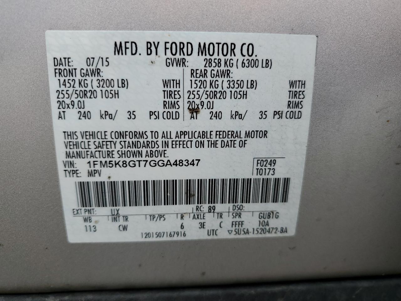 2016 Ford Explorer Sport VIN: 1FM5K8GT7GGA48347 Lot: 63339834