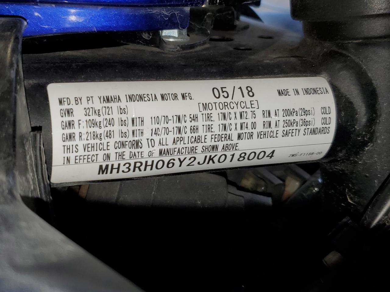 2018 Yamaha Yzfr3 VIN: MH3RH06Y2JK018004 Lot: 64863904