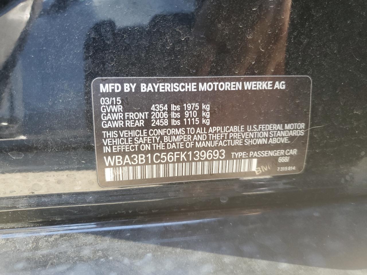 2015 BMW 320 I VIN: WBA3B1C56FK139693 Lot: 64397654