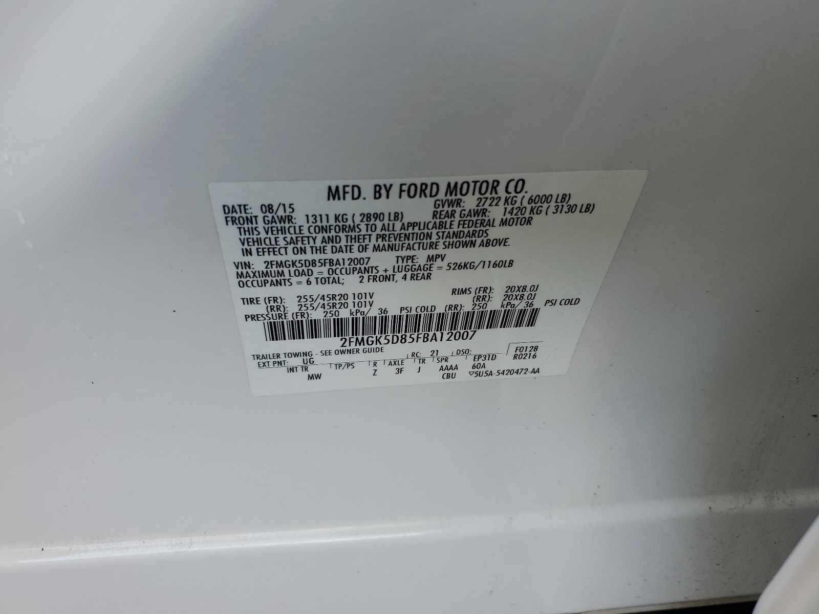 2FMGK5D85FBA12007 2015 Ford Flex Limited