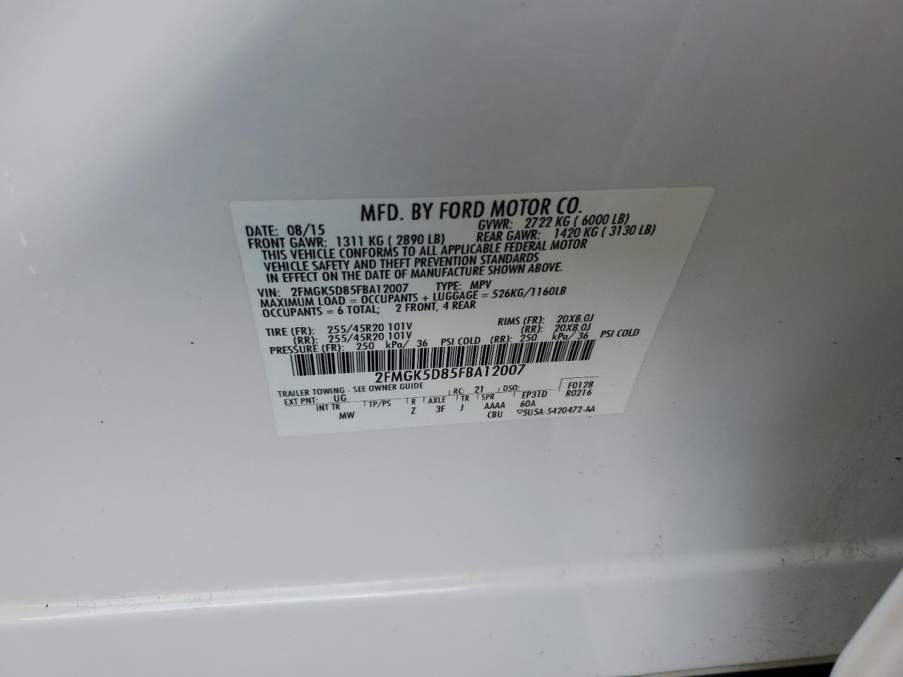 2015 Ford Flex Limited VIN: 2FMGK5D85FBA12007 Lot: 64759374