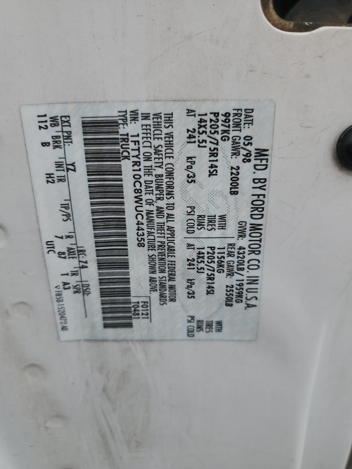 1998 Ford Ranger VIN: 1FTYR10C8WUC44358 Lot: 61547934