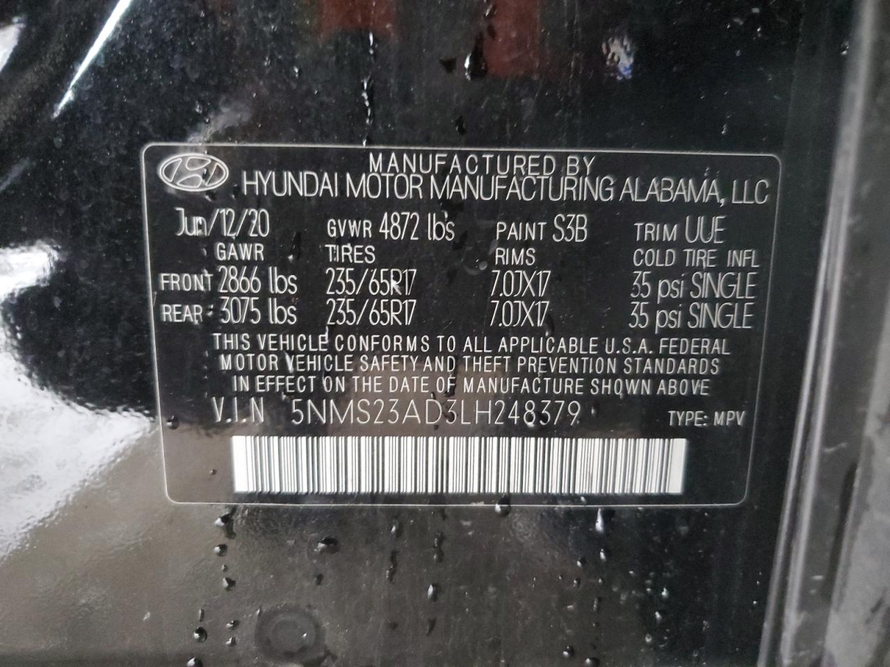 5NMS23AD3LH248379 2020 Hyundai Santa Fe Se