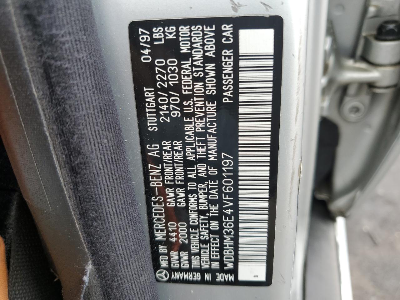 1997 Mercedes-Benz C 36 VIN: WDBHM36E4VF601197 Lot: 63229994