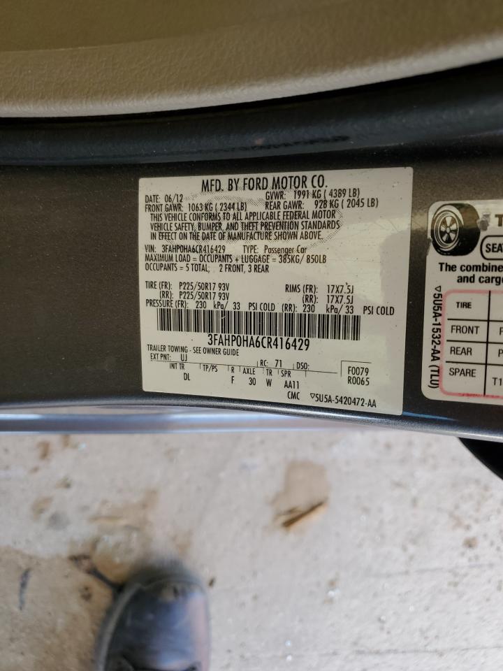 2012 Ford Fusion Se VIN: 3FAHP0HA6CR416429 Lot: 64217634