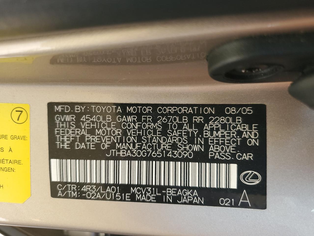 JTHBA30G765143090 2006 Lexus Es 330