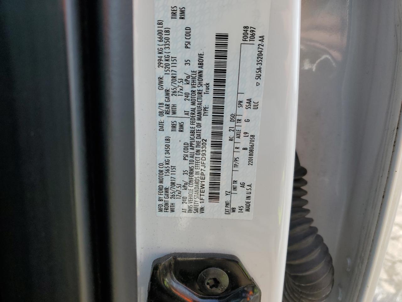 2018 Ford F150 Supercrew VIN: 1FTEW1EP7JFD93302 Lot: 63243704