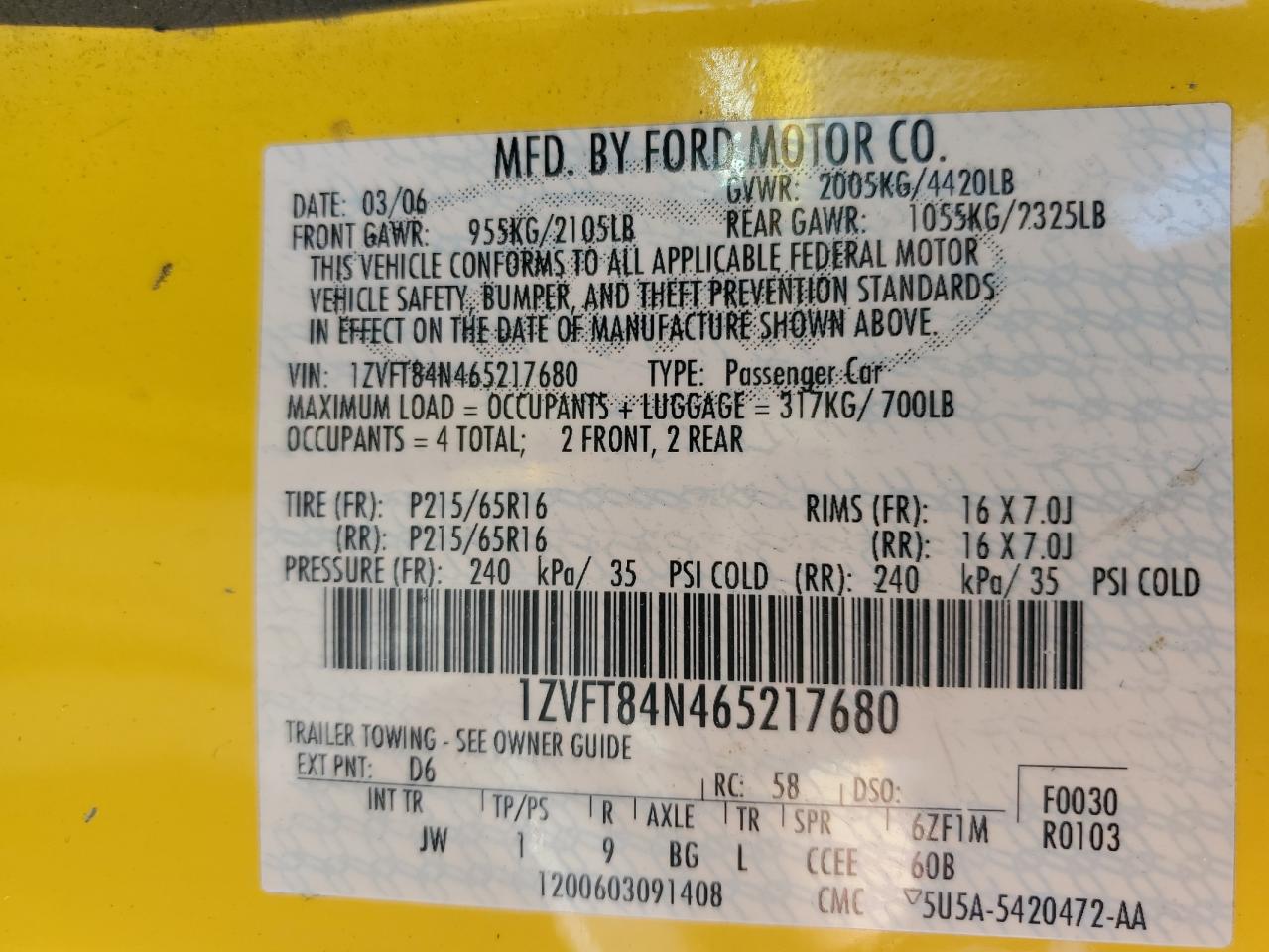 2006 Ford Mustang VIN: 1ZVFT84N465217680 Lot: 65697624