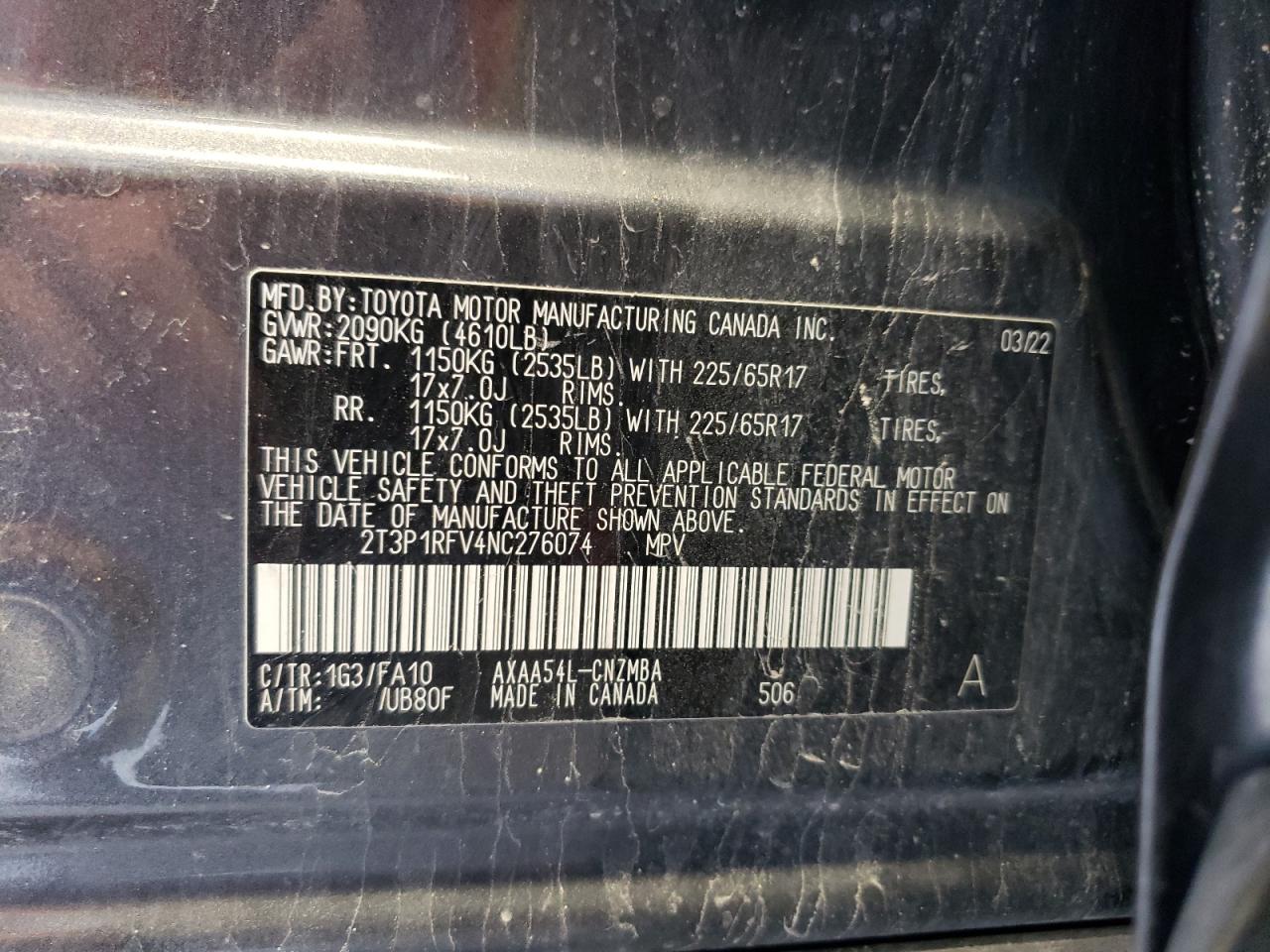 2T3P1RFV4NC276074 2022 Toyota Rav4 Xle