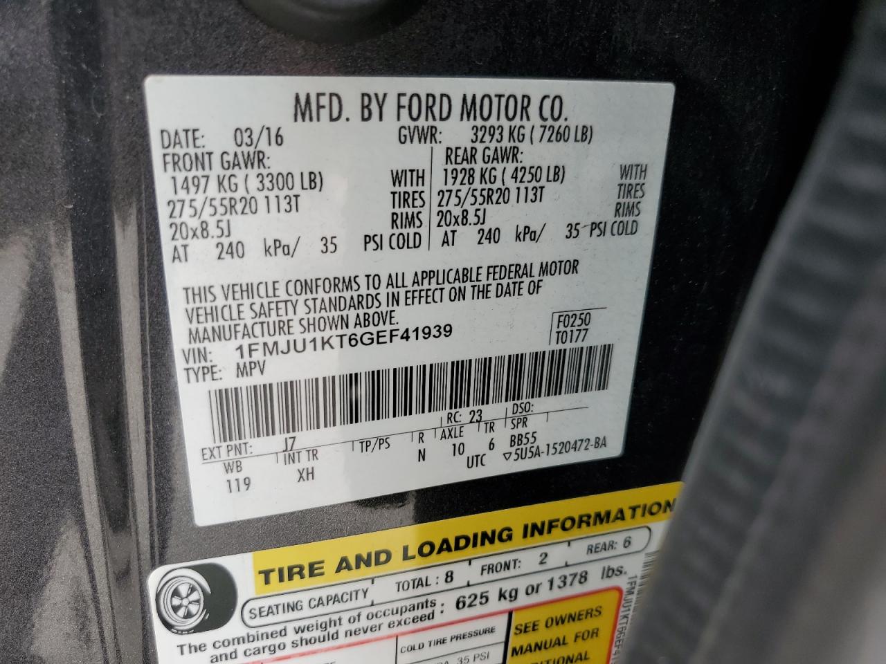 2016 Ford Expedition Limited VIN: 1FMJU1KT6GEF41939 Lot: 61903054