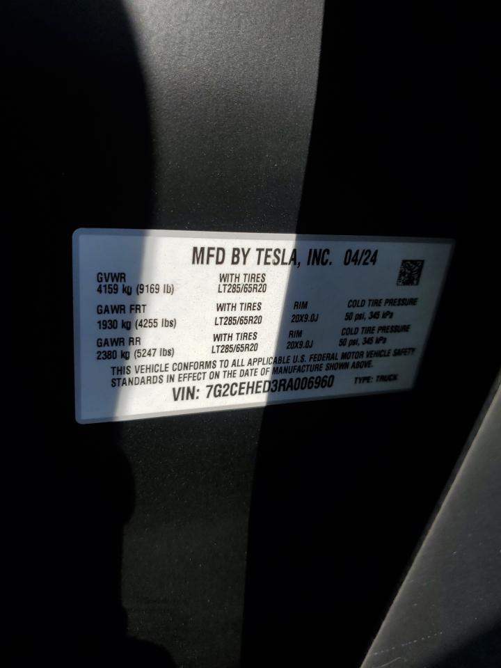 2024 Tesla Cybertruck VIN: 7G2CEHED3RA006960 Lot: 62443524