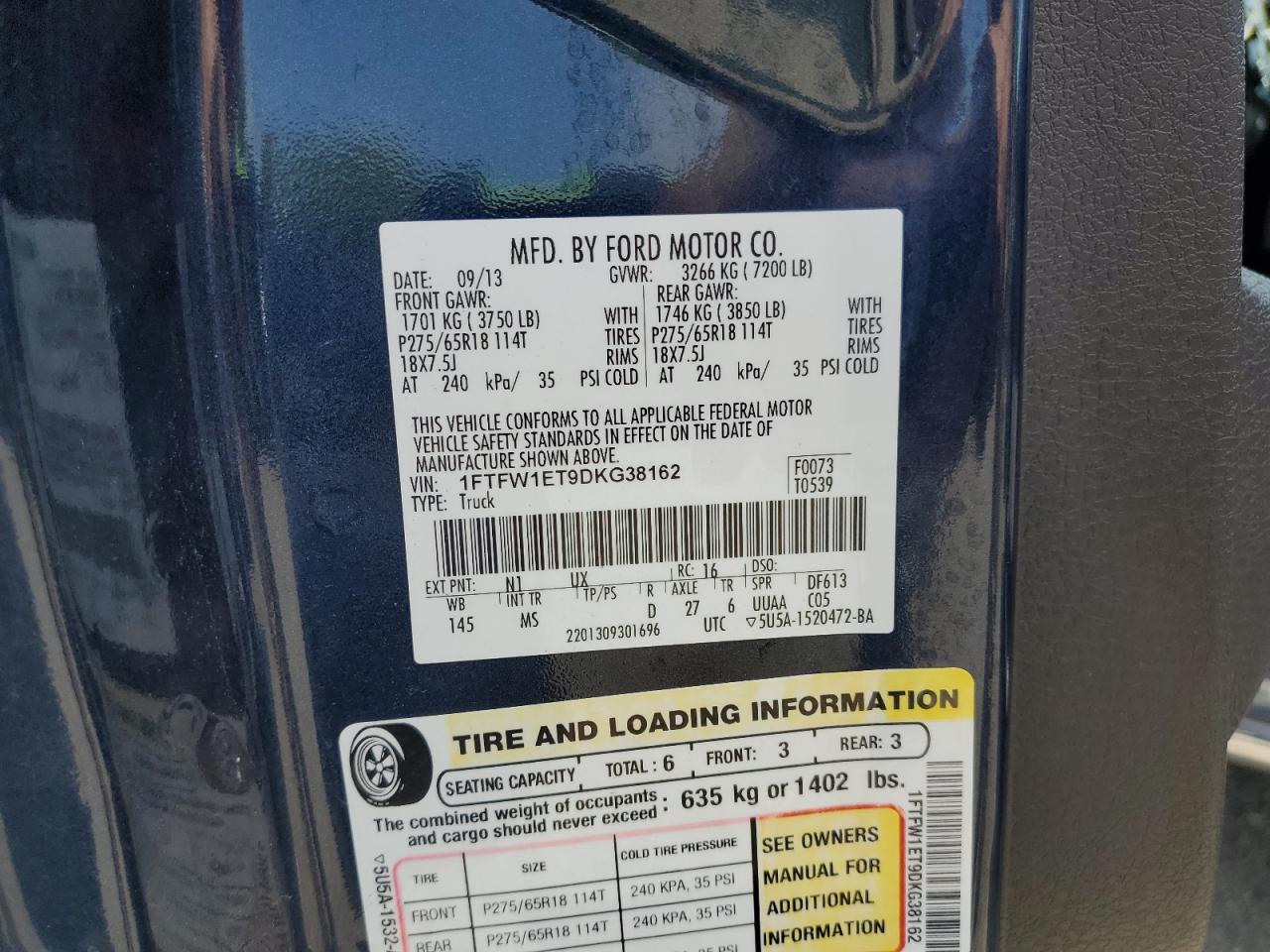 2013 Ford F150 Supercrew VIN: 1FTFW1ET9DKG38162 Lot: 63312914