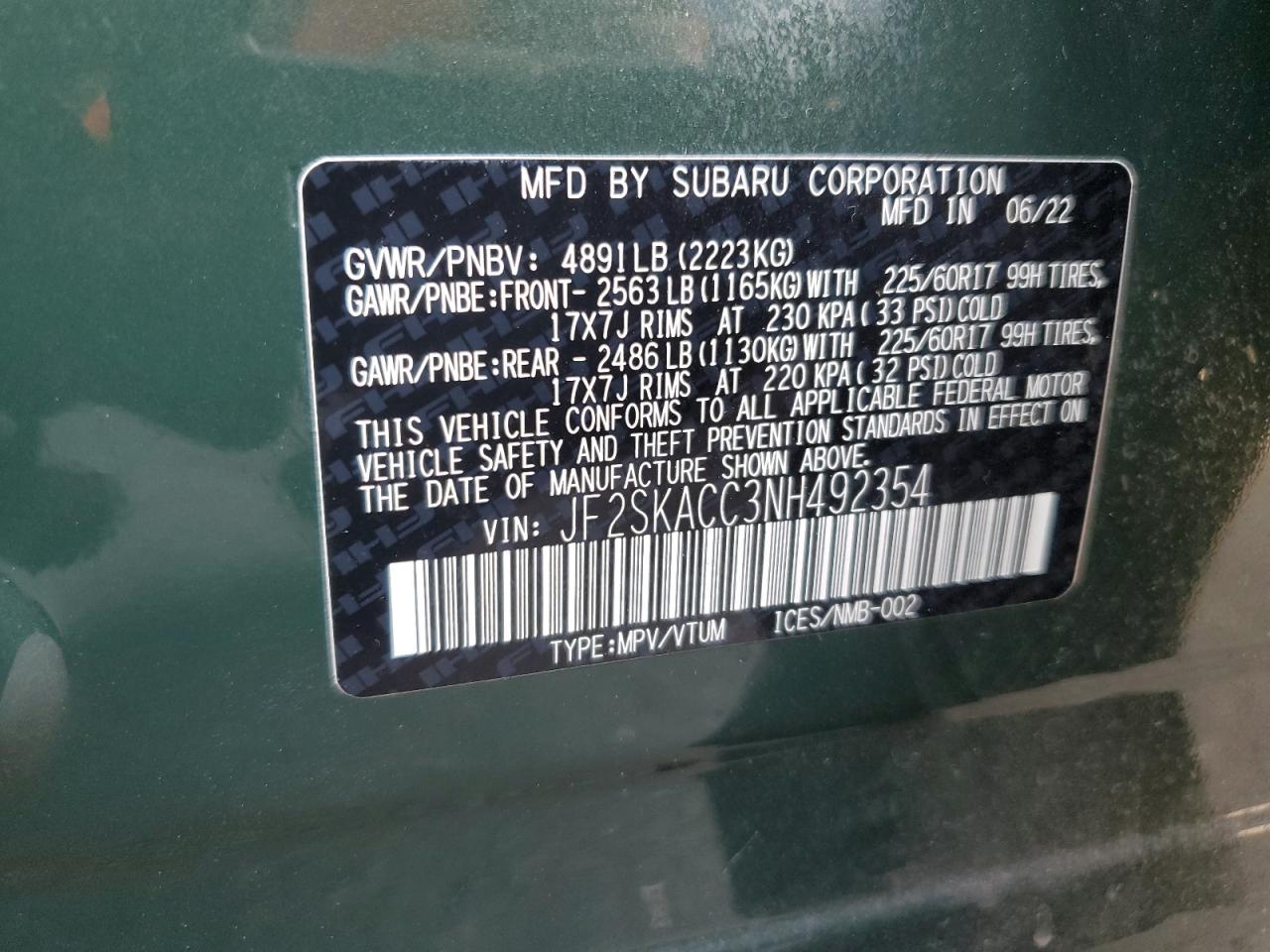 2022 Subaru Forester VIN: JF2SKACC3NH492354 Lot: 64707304