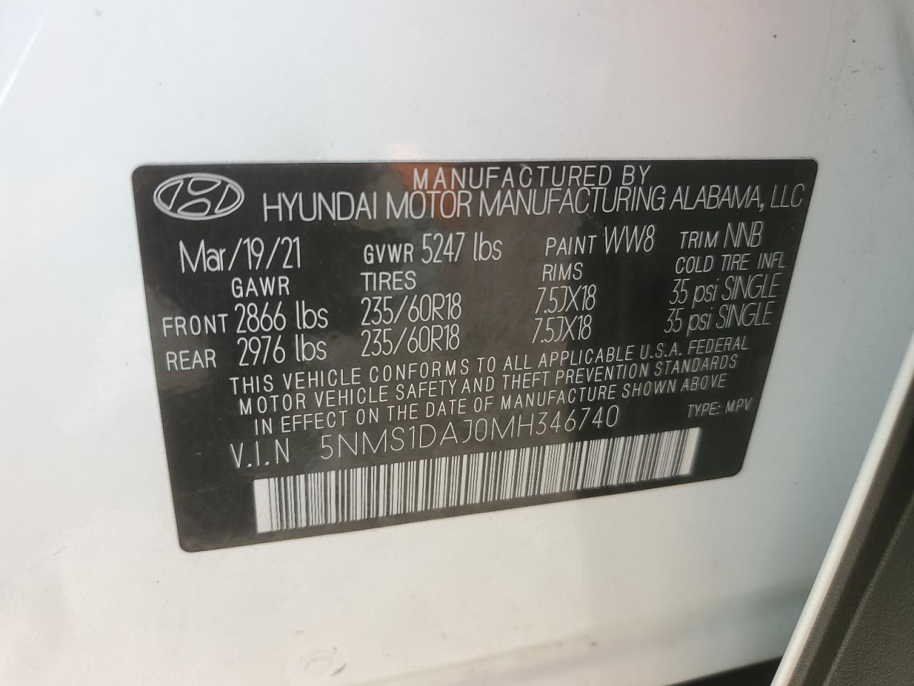 2021 Hyundai Santa Fe Se VIN: 5NMS1DAJ0MH346740 Lot: 64475114