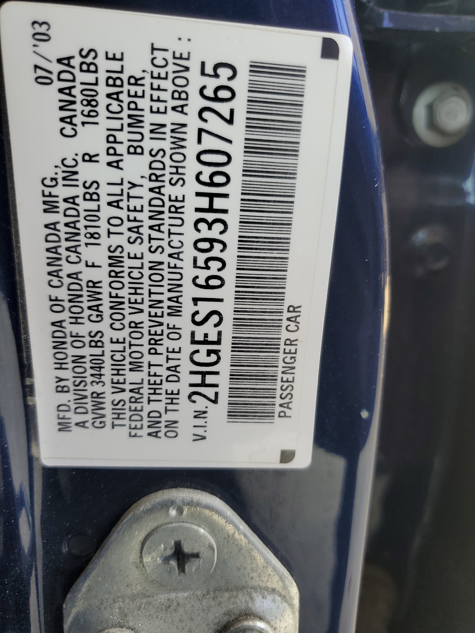 2HGES16593H607265 2003 Honda Civic Lx