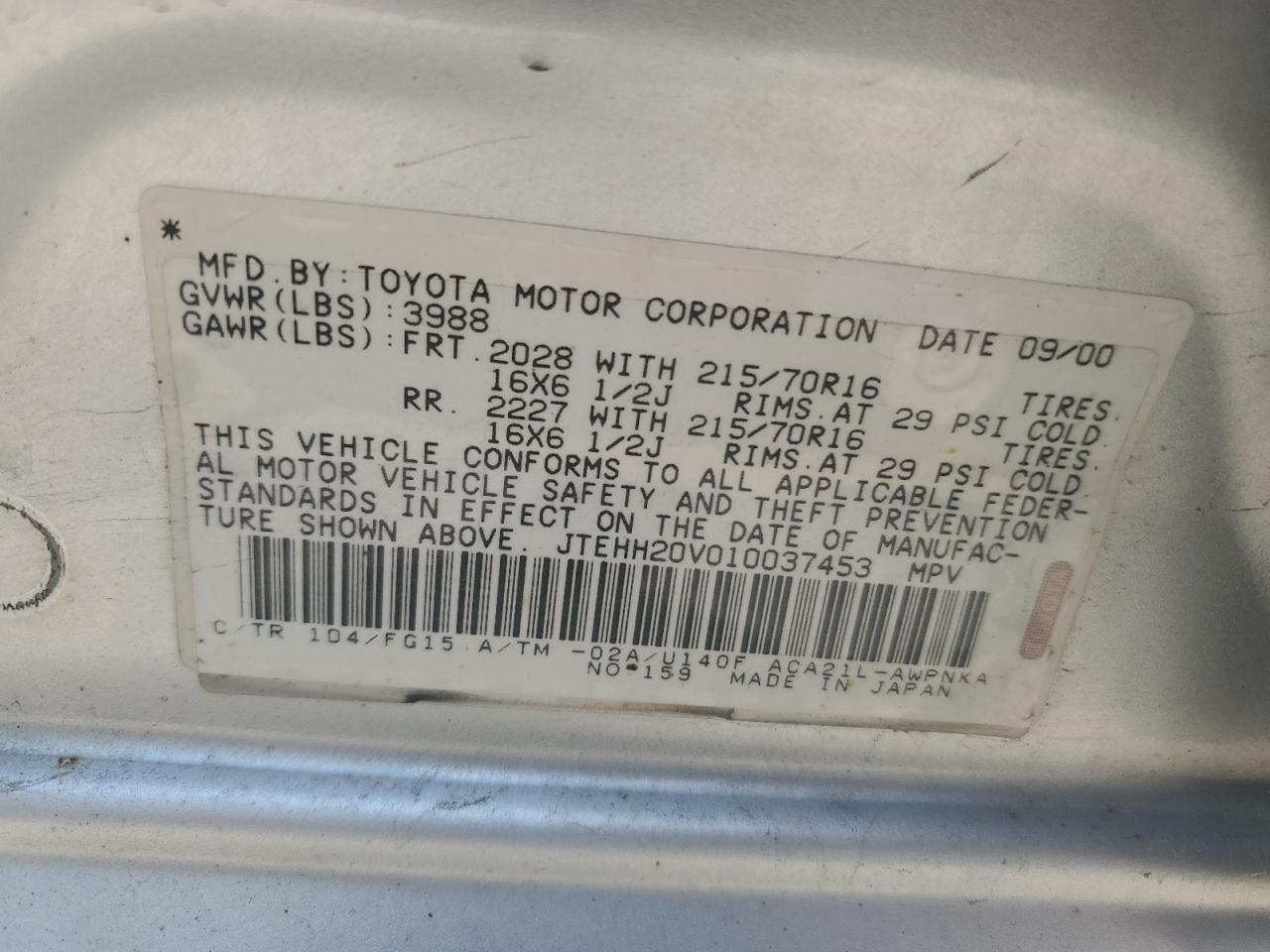 2001 Toyota Rav4 VIN: JTEHH20V010037453 Lot: 65075914