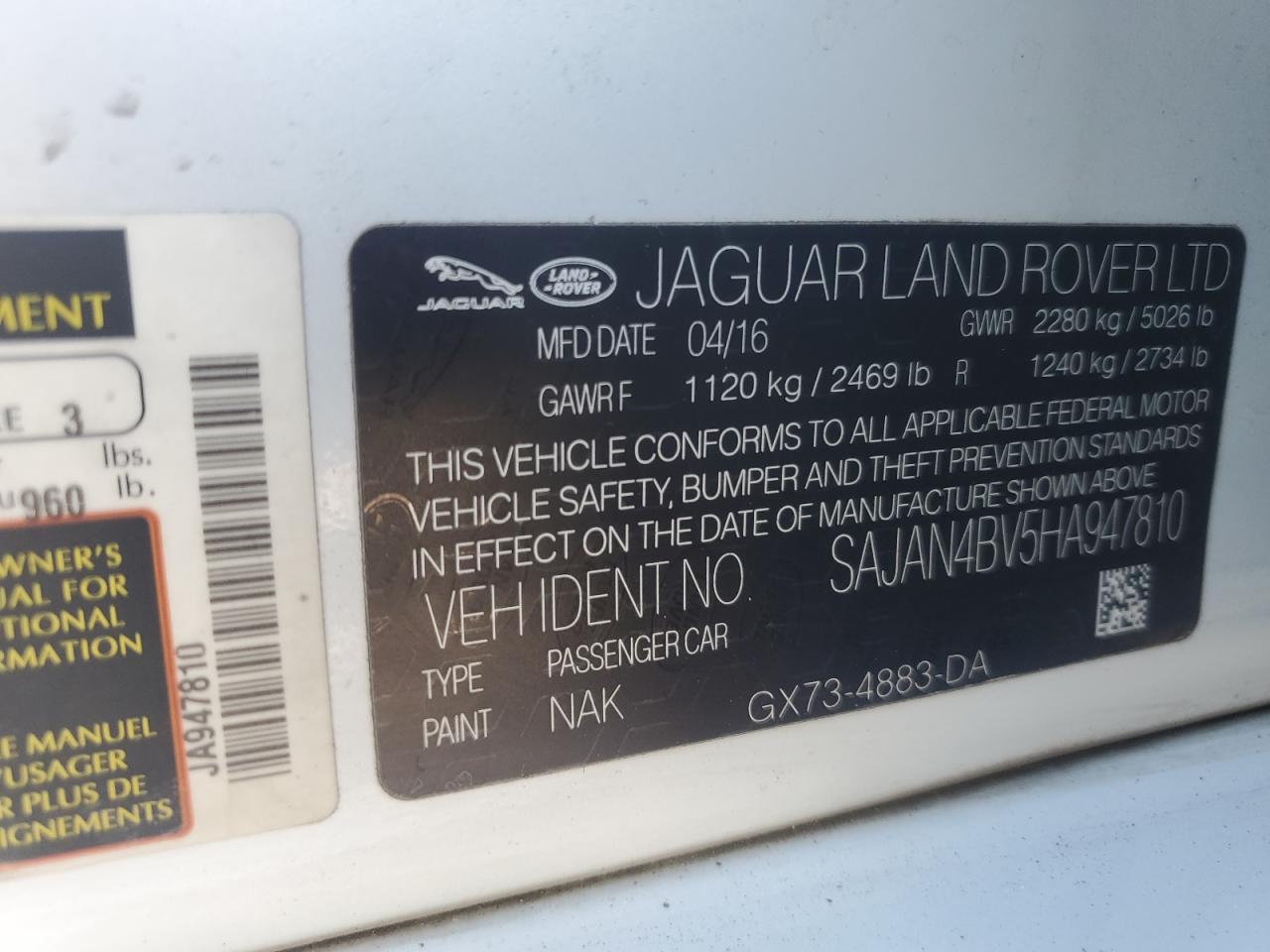 2017 Jaguar Xe First Edition VIN: SAJAN4BV5HA947810 Lot: 60073974