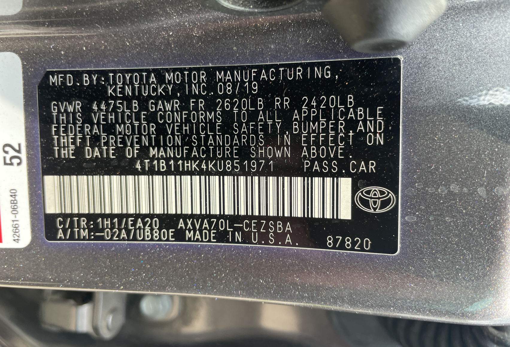 4T1B11HK4KU851971 2019 Toyota Camry L