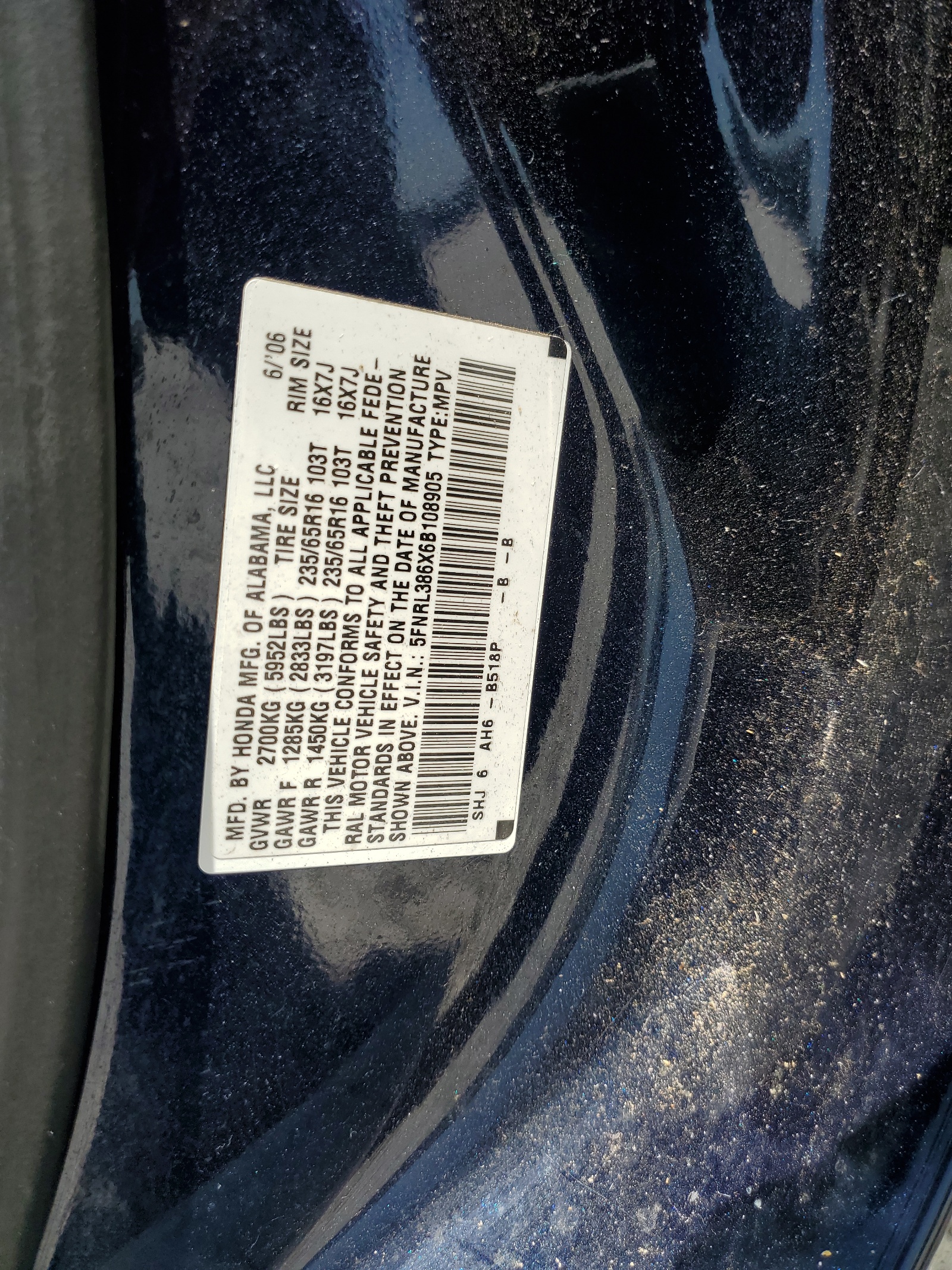 5FNRL386X6B108905 2006 Honda Odyssey Exl