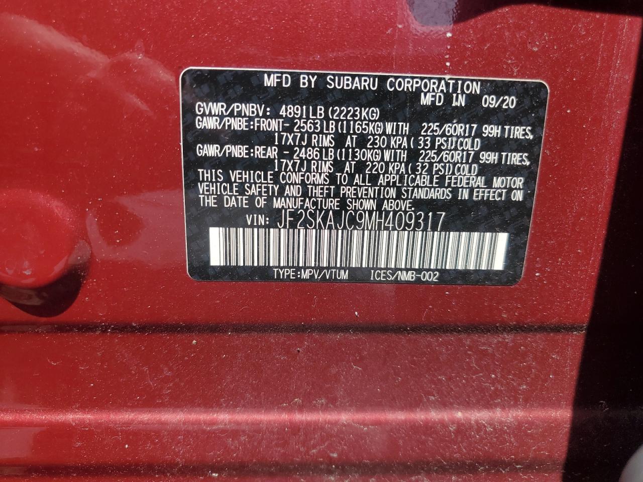 2021 Subaru Forester Premium VIN: JF2SKAJC9MH409317 Lot: 65167414