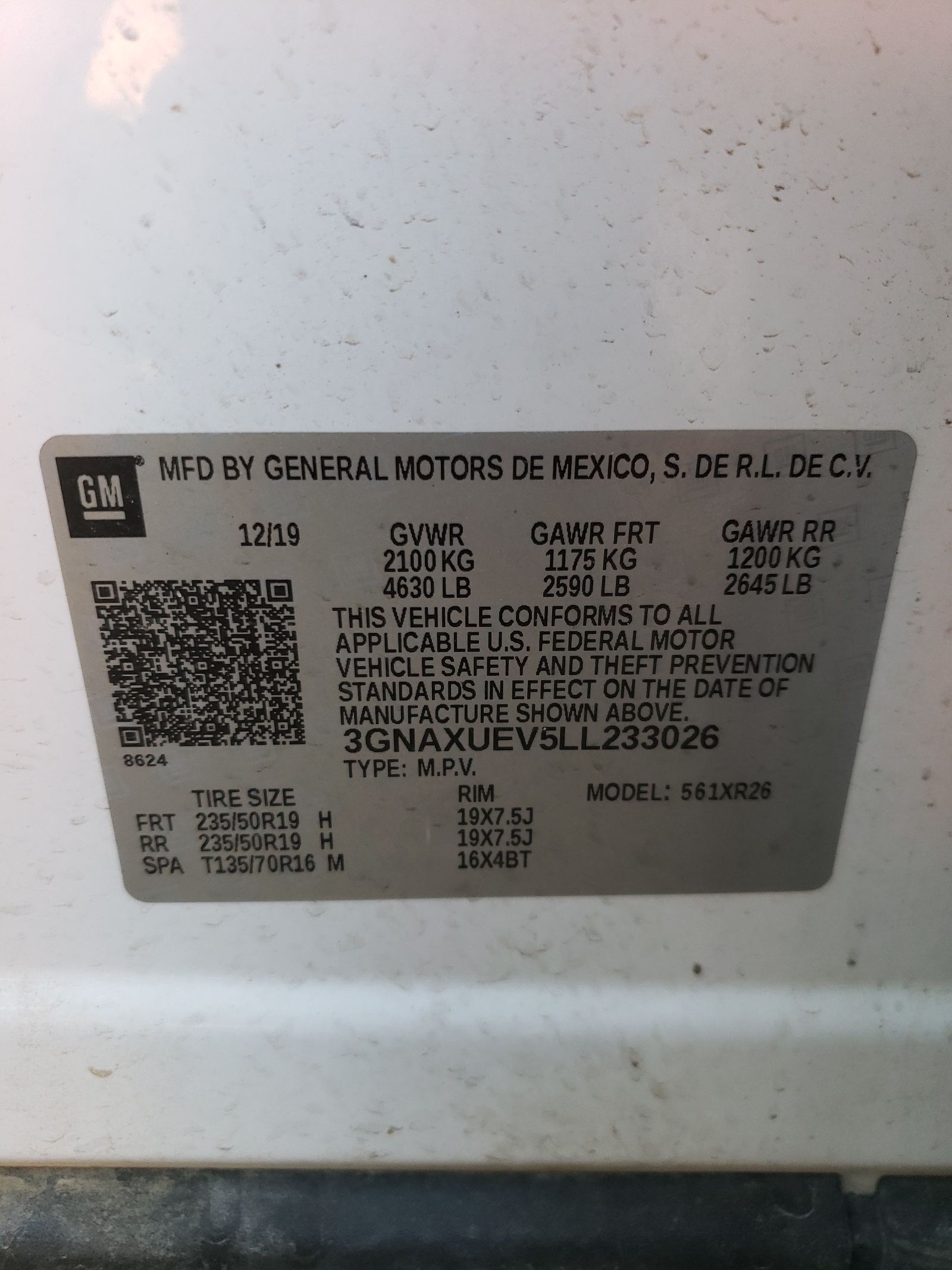 3GNAXUEV5LL233026 2020 Chevrolet Equinox Lt