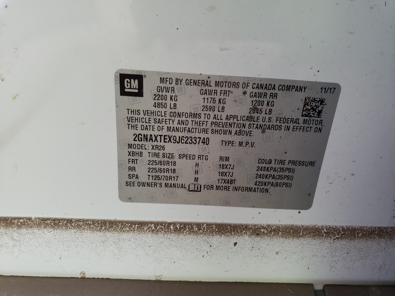 2GNAXTEX9J6233740 2018 Chevrolet Equinox Lt