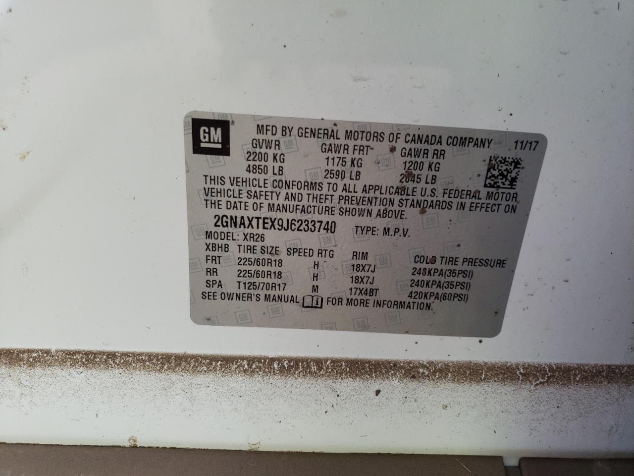 2018 Chevrolet Equinox Lt VIN: 2GNAXTEX9J6233740 Lot: 63174184