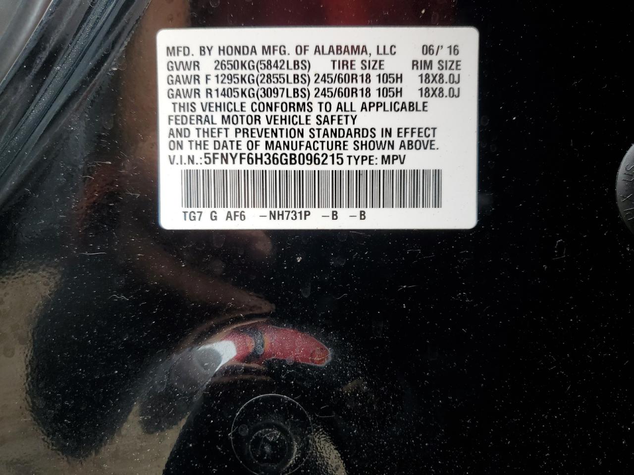2016 Honda Pilot Ex VIN: 5FNYF6H36GB096215 Lot: 63827934