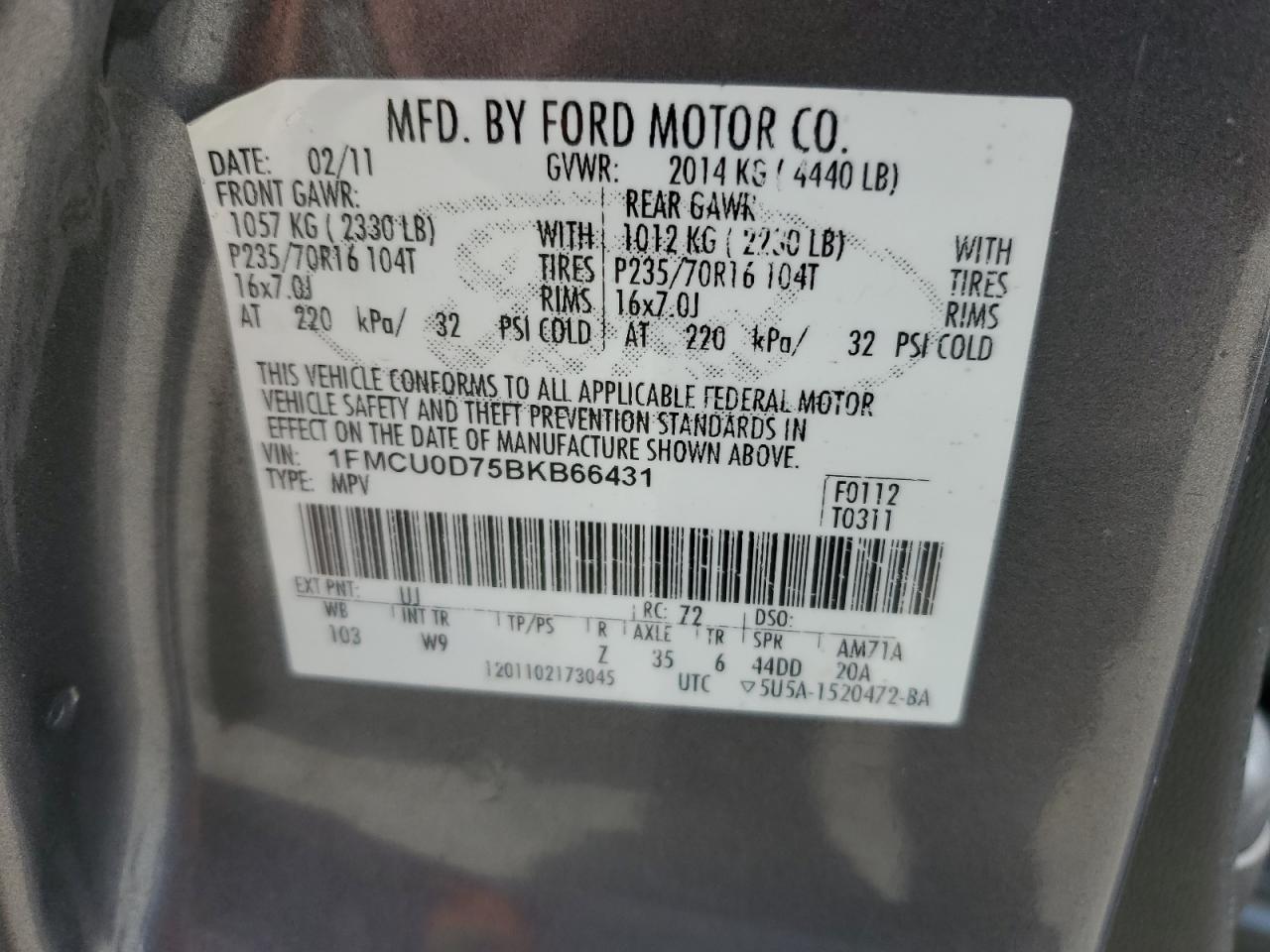 2011 Ford Escape Xlt VIN: 1FMCU0D75BKB66431 Lot: 64869434