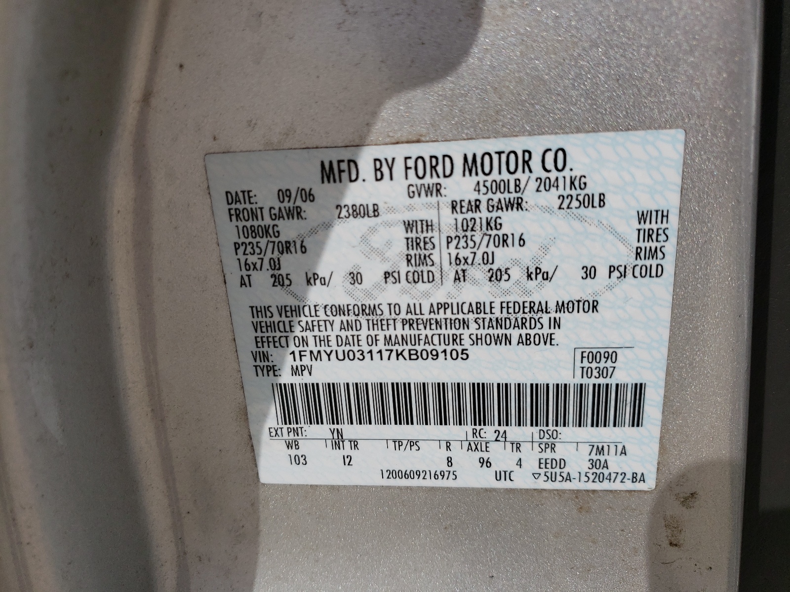 1FMYU03117KB09105 2007 Ford Escape Xlt