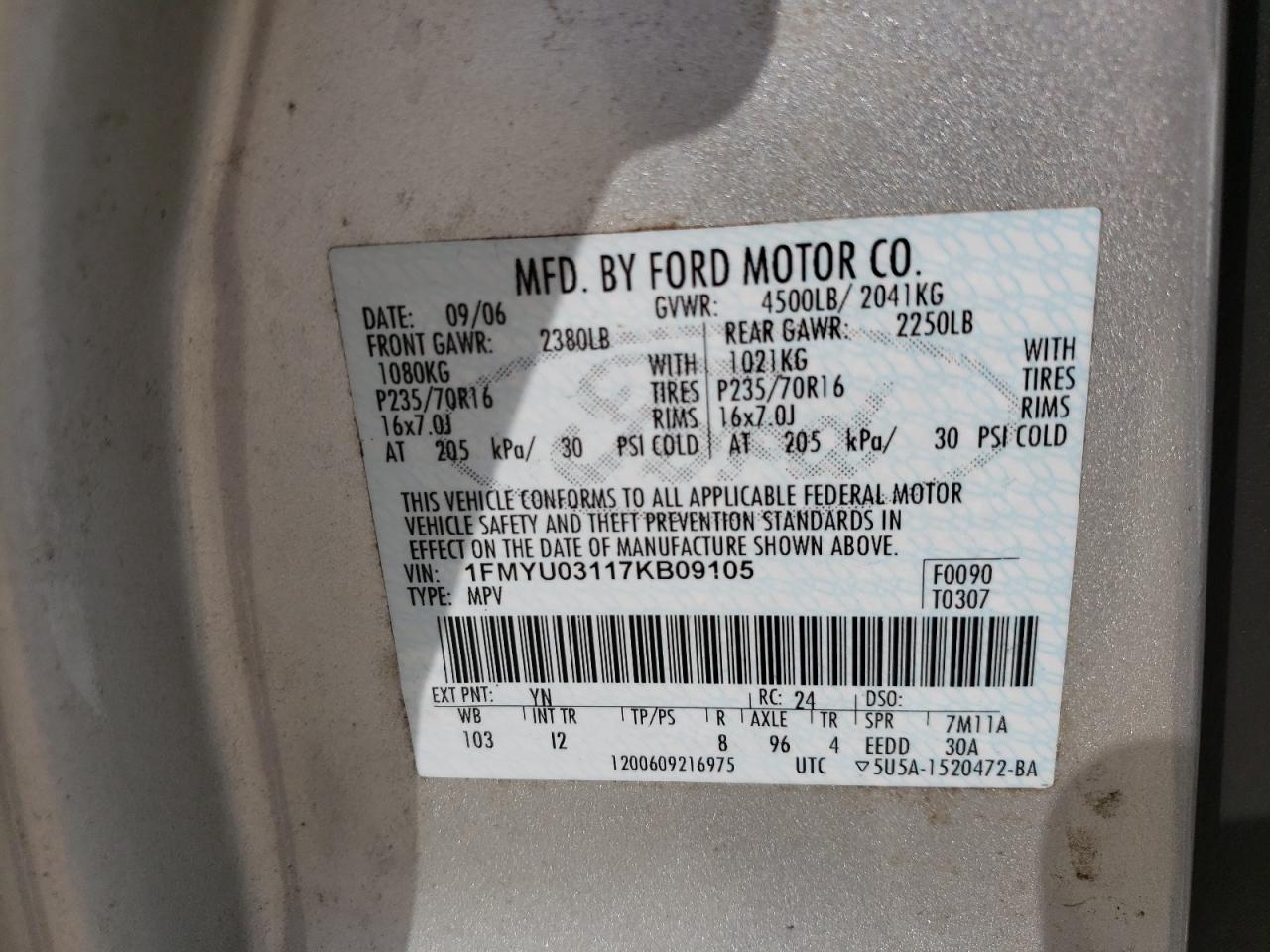 2007 Ford Escape Xlt VIN: 1FMYU03117KB09105 Lot: 64748934